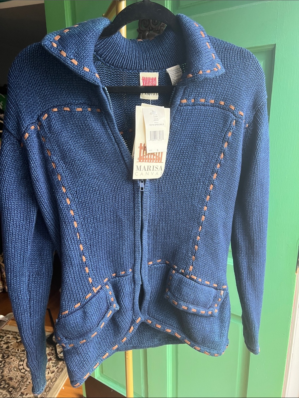 Marisa Canvas Chunky Knit Zip Up Cardigan Sweater Jacket Blue vintage NWT Small